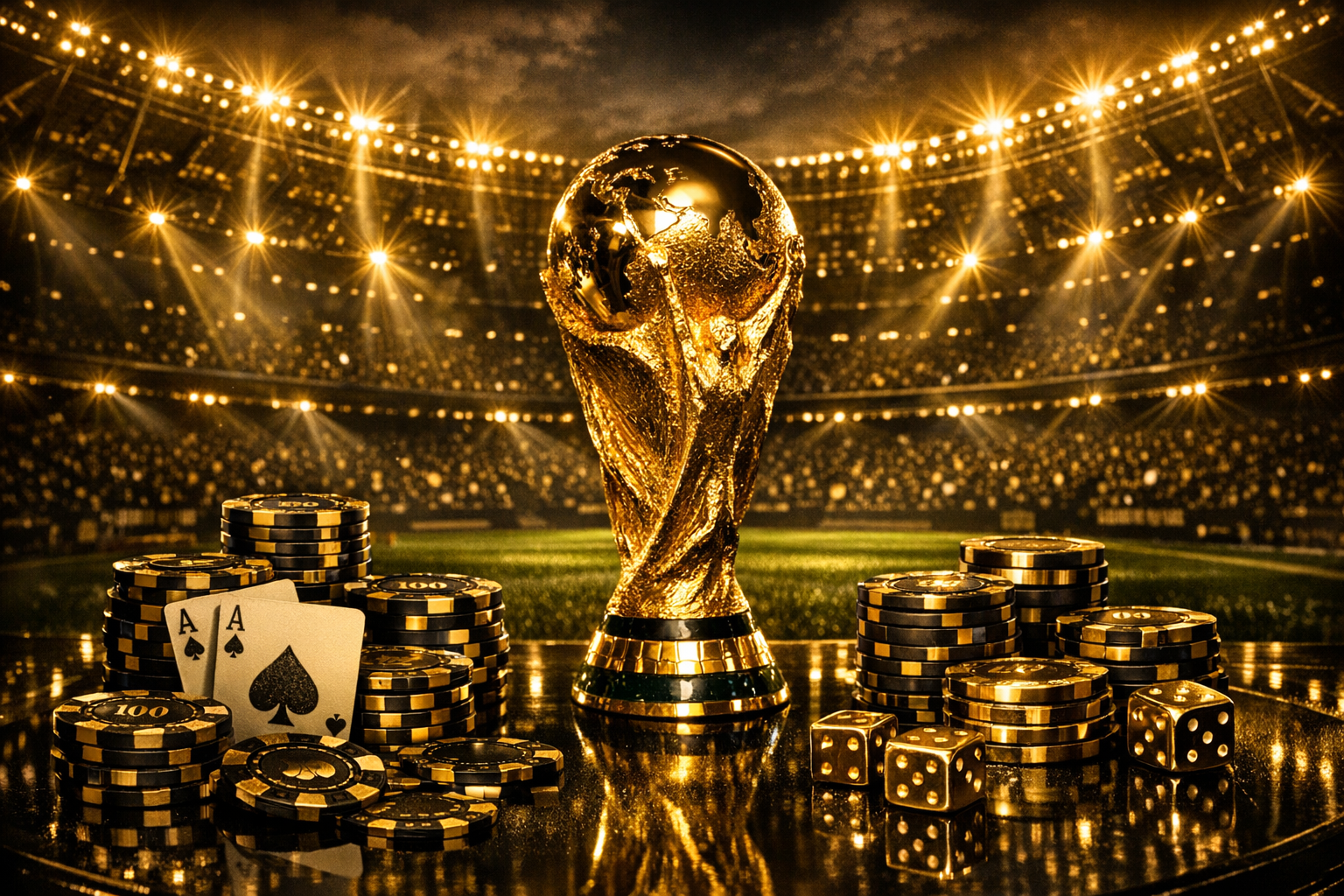 Z7 Casino — ورلڈ کپ کا مرکزی منظر: رات کا اسٹیڈیم، سنہری چپس اور ٹرافی